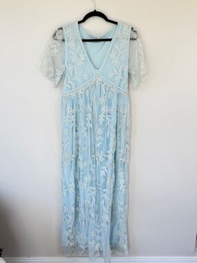 Light Blue Lace Overlay Maxi Dress